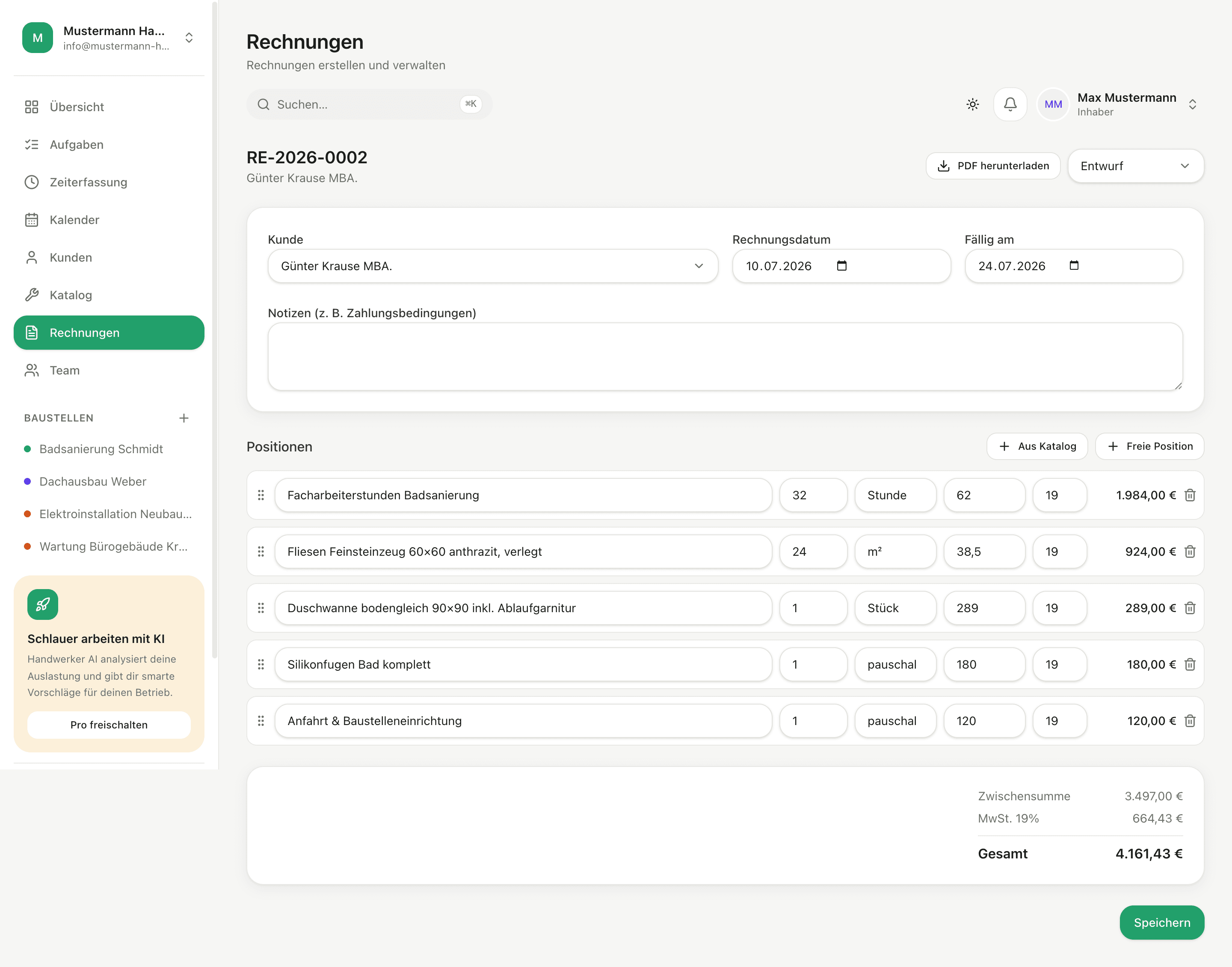 Rechnungseditor mit Positionen, Mengen, Preisen und Summen